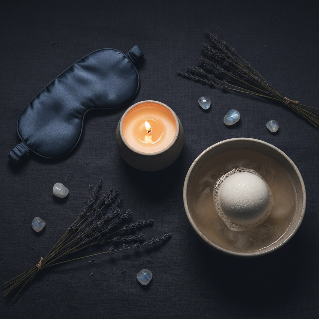 Calm Night Ritual Bundle flat lay with soy candle, bath bomb and silk eye mask on dark charcoal linen with dried lavender and moonstone crystals