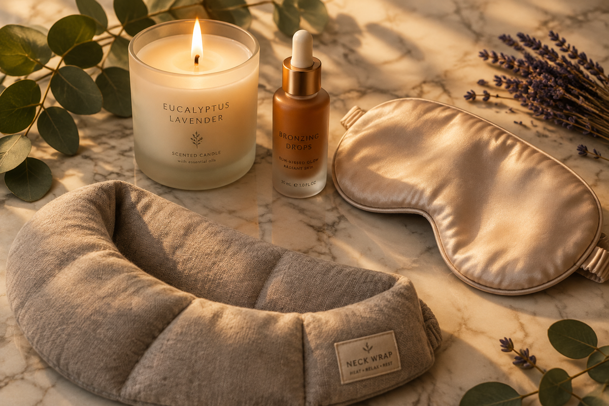 The Glow & Unwind Ritual - self-care bundle flat lay